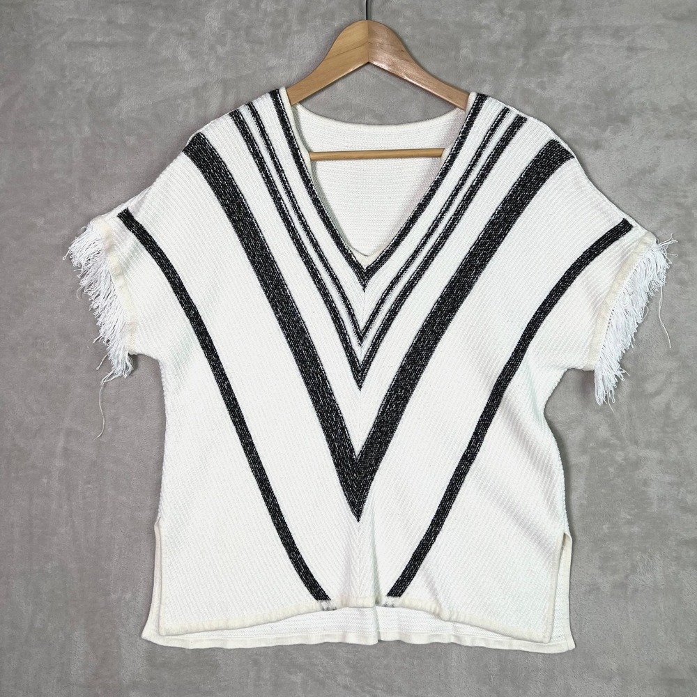 St‎ John Fringe Sleeve Knit Sweater Top Cashmere Blend Chevron V Neck Boxy M